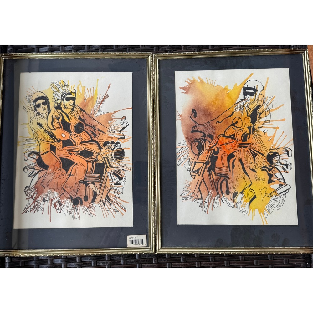 PL  Kruger Signed Motorcycle Art Set of‎ 2 Framed Watercolor Ink Biker